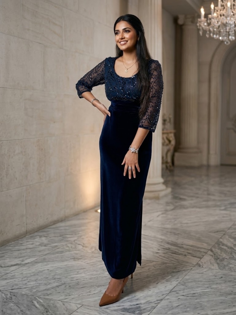 Elegant Navy Beaded Evening Dress